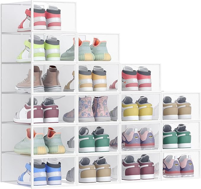 SONGMICS Shoe Boxes, Shoe Storage Organizers Rack for Closet, Plastic Stackable Sneaker Containers Case, 18 Pack, Transparent and Cloud White ULSP318W01