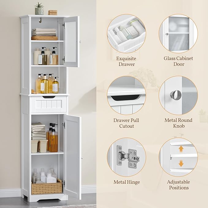 Yaheetech 67” Tall Bathroom Storage Cabinet,Narrow Floor Cabint with 2 Doors and 1 Drawer,Slim Bathroom Organizers,Adjustable Shelves,Storage Unit for Living Room, Entryway,Kitchen,White