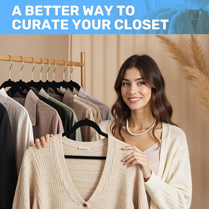 Simple Deluxe 70 Pack Velvet Hangers, Non-Slip Felt Hangers with Shoulder Notches, Space Saving Heavy Duty Clothes Hangers for Coat, Pants, Suit, Sweater, Black