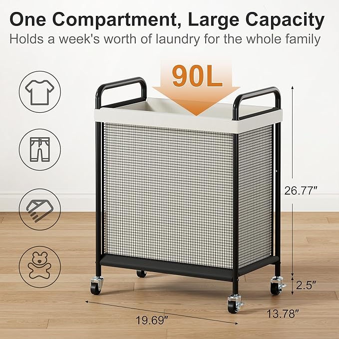 WOWLIVE Rolling Laundry Hamper with Wheels, 90L Laundry Basket with Removable Liner Bag, Laundry Sorter with Metal Handle, Large Capacity Clothes Hamper for Laundry Room, Bathroom and Dorm, Beige