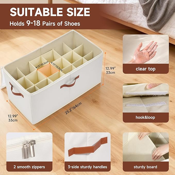 2-Pack Extra Large Shoe Organizer for Closet, Foldable Shoe Storage Container with Adjustable Dividers & Clear Lid, Holds Up to 18 Pairs, Space-Saving Shoe Boxes, White