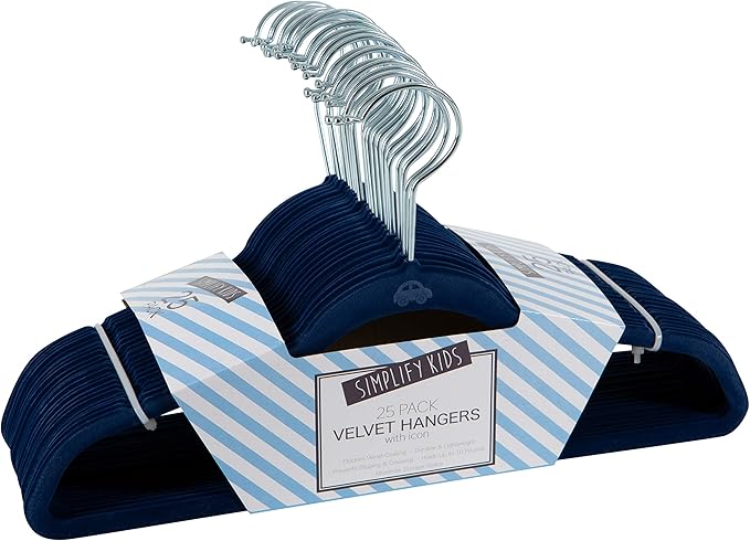 Simplify 50 Pack Kids Velvet Hangers | Slim | Non-Slip Design | Space Saving | Childrens Clothes | Shirts | Pants | Dresses | Baby Nursery | Closet Storage & Organization | Navy