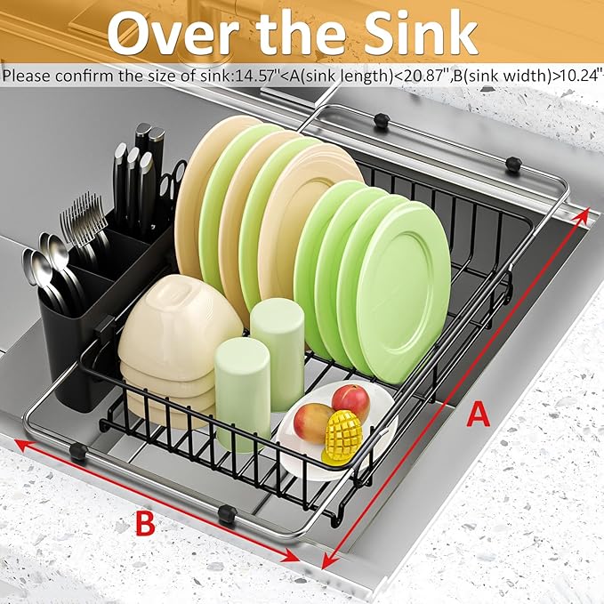 Expandable in Sink Dish Drying Rack,Small Dish Rack Over Sink with Utensil Holder,Stainless Steel Dish Drainers for Kitchen Counter,Sink Drying Rack for Small Space,14.57“-20.87”L x 10.24“W x 2.76”D