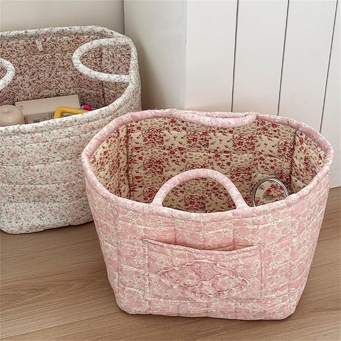 Quilted Fabric Storage Basket with Handles & Pocket, Foldable Laundry Hamper Boho Floral Print Organizer Bin for Home, Picnic, Office 12"x10"x10" (A-4)