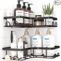 Corner Shower Caddy - 2 Pack, Adhesive Shower Organizers, Rustproof Stainless Steel Shower Shelves with 8 Hooks, No Drilling Bathroom Organizers and Storage Racks, Space-Saving, Black, Medium