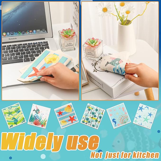 6 Pcs Swedish Kitchen Dish Towels Kitchen Cloths Reusable Sponge Cleaning Cloths Absorbent Dish Cloth Quick Drying Washable Cleaning Wipes No Odor Hand Towel (Ocean)