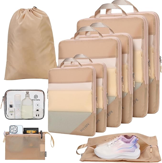 Lightweight Compression Packing Cubes for Suitcases, Compressible Expandable Travel Packing Organizer with Clear Toiletries and Backpack Bag, Travel Essentials for Carry on Luggage 7 Set