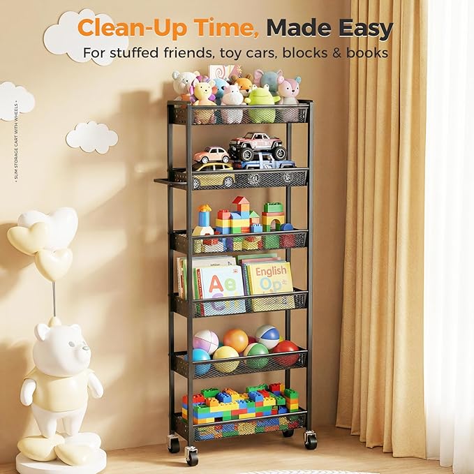 6 Tier Slim Storage Cart with Wheels, 6" D Rolling Storage Cart for Small Space, Metal Narrow Spice Cabinet Mobile Shelving Unit Organizer with Handle for Kitchen, Laundry - Black
