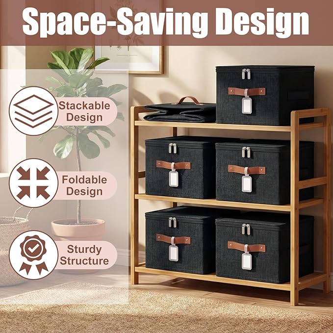 Fiwochic 6 Pack Fabric Storage Bins with Lids, 10x8x7Inch Foldable Cotton Linen Storage Boxes with PU Leather Handles and Label Holders for Closet, Bedroom, Shelf, Nursery, Black