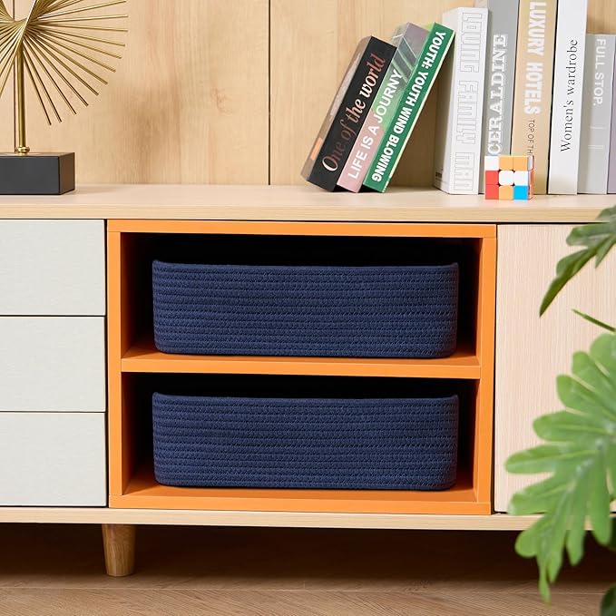 Large Shallow Organizing Baskets 15x11x5.1 Inches - Rope Woven Storage Bins for Bathroom, Shelves, Cube Closet, Navy Blue 4 Packs