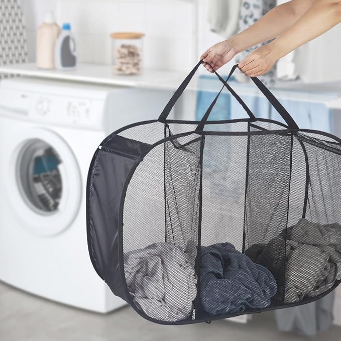 Seiritex Mesh Popup Laundry Hamper 3 Compartment Sortable Horizontal Collapsible Laundry Basket for Clothes Laundry Room Bedroom Toys Travel (Black)