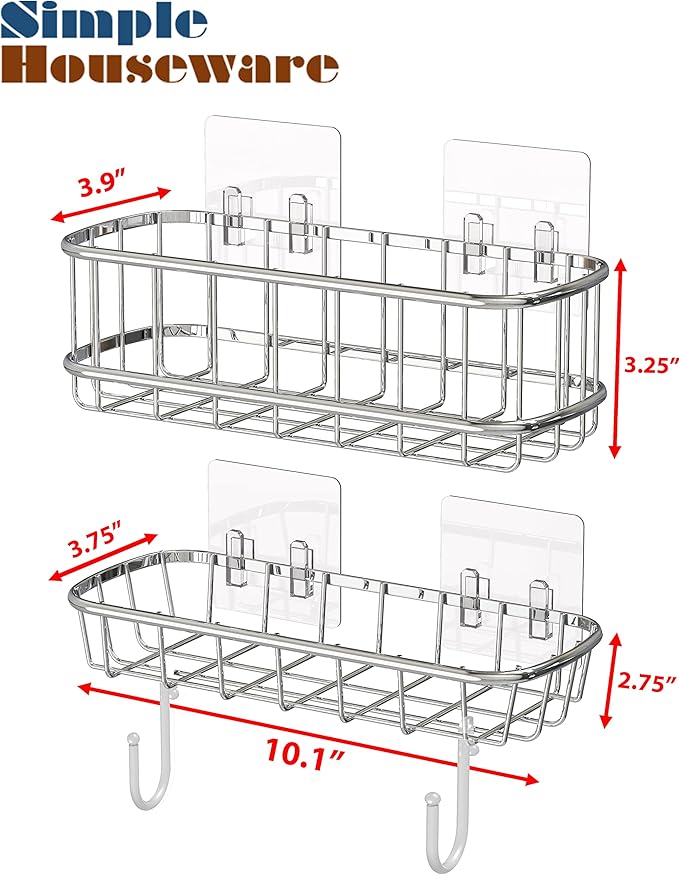 Simple Houseware Bathroom Adhesive Wall Mount Standard Shower Caddy w/Hooks, Chrome, 2 Pack