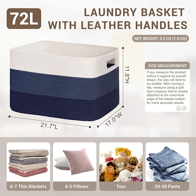 72L Large Laundry Basket with Leather Handles for Living Room Storage, Woven Rope Baskets Bin for Blanket, Kids Toy, Gifts, Wicker Hamper for Bedroom Dirty Clothes, 22"x17"x12" Gradient Blue