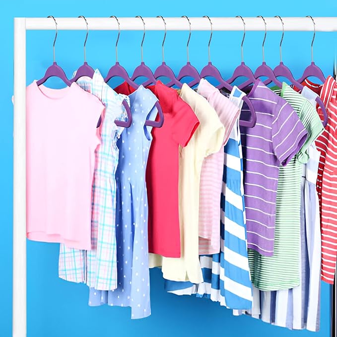 Purple Velvet Kids Hangers 50 Pack, 10.83" Non-Slip Baby & Toddler Hangers for Clothes, Space-Saving Slim ABS Plastic with 360° Swivel Hook & Notched Shoulders, Up to 10 lb Capacity
