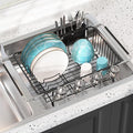 JASIWAY Dish Drying Rack in Sink, Over The Sink Colander Strainer Basket, Stainless Steel Strainer Basket with Expandable Rubber Grip Handles for Vegetables, Fruits, Home Kitchen Essentials, Black
