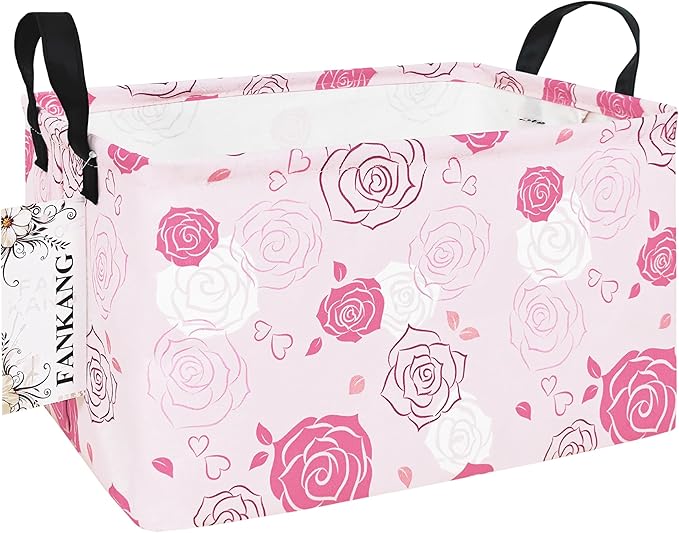 FANKANG Storage Bins, Nursery Hamper Canvas Laundry Basket Foldable with Waterproof PE Coating Large Storage Baskets for Kids Boys and Girls, Office, Bedroom, Clothes,Toys(Rec-Pink roses ）