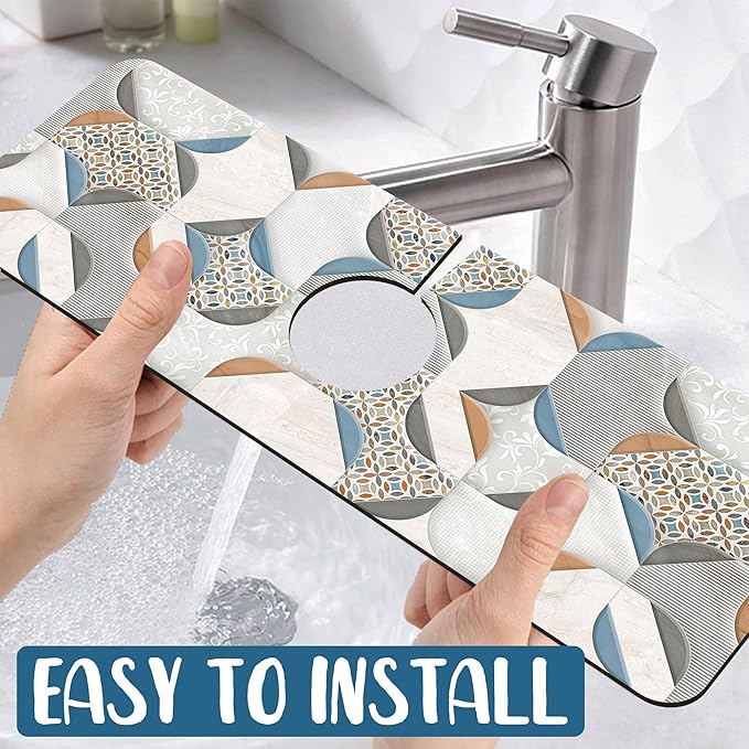 Ceramic Wall Tiles Sink Splash Guard Faucet Mat Moroccan Graphics Super Absorbent Fast Drying Mat Sink Gadgets-Splash Guard Behind Faucet Drip Catcher for Kitchen Bathroom, 15.5"x5.5"
