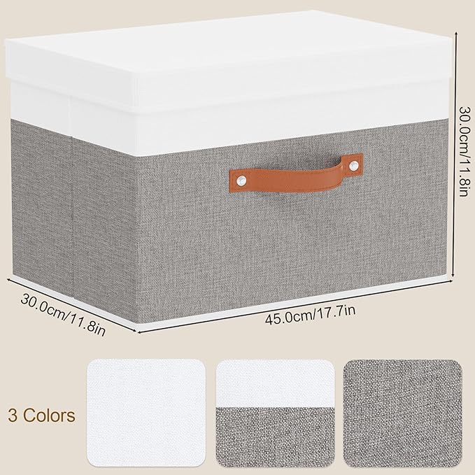 YheenLf Storage Bins with Lids, Storage Baskets, 17.7 x 11.8 x 11.8 Inch Collapsible Boxes with Handles for Shelves Bedroom, White and Grey, 5-Pack