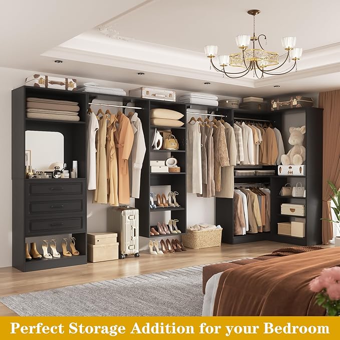 Unikito Modular Closet System with 3 Sets, 131”Corner Closet Organizer System With Mirror, Drawers, Hanging Rods & Adjustable Shelves, Freestanding Wood Wardrobe Organizer, Walk in Closet Tower, Black