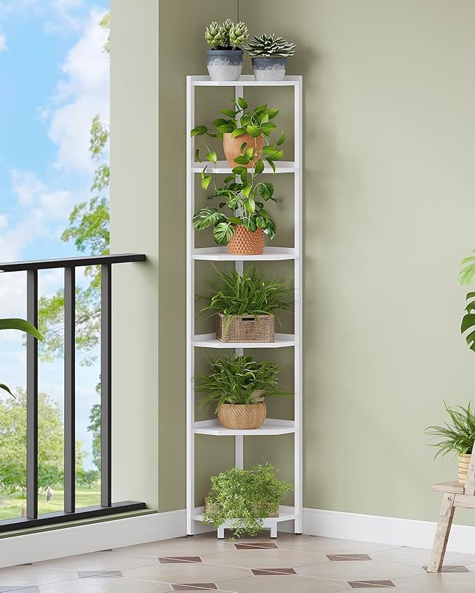 Corner Shelf Stand, Corner Bookshelf, Storage Standing Shelf Unit with Metal Frame, Plant Stand, Bookcase for Living Room, Home Office, Bedroom, 6-Tier White CS06013W