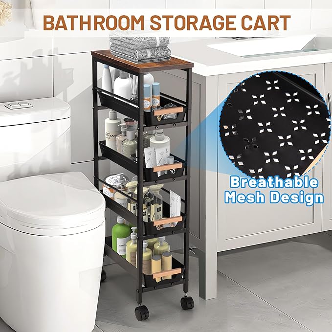 Slim Storage Cart, 5-Tier Narrow Rolling Kitchen Laundry Room Cart with Drawer and Wheels, Metal Utility Cart Slide Out Organizer for Small Spaces (Black)