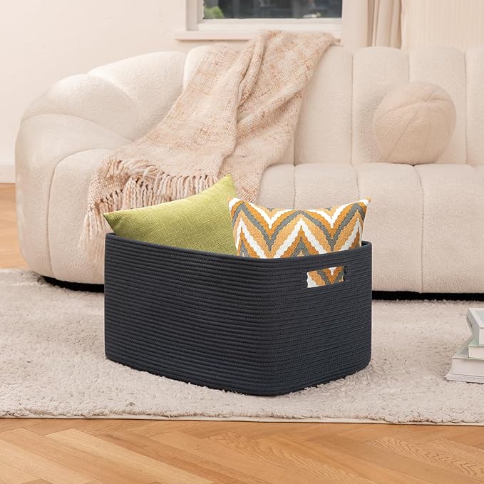 OIAHOMY 75L Large Blanket Basket, Woven Storage Basket with Handle, Cotton Rope Basket 22”x17”x12”,Blanket Basket Living Room, Toy Basket for Nursery, Blue