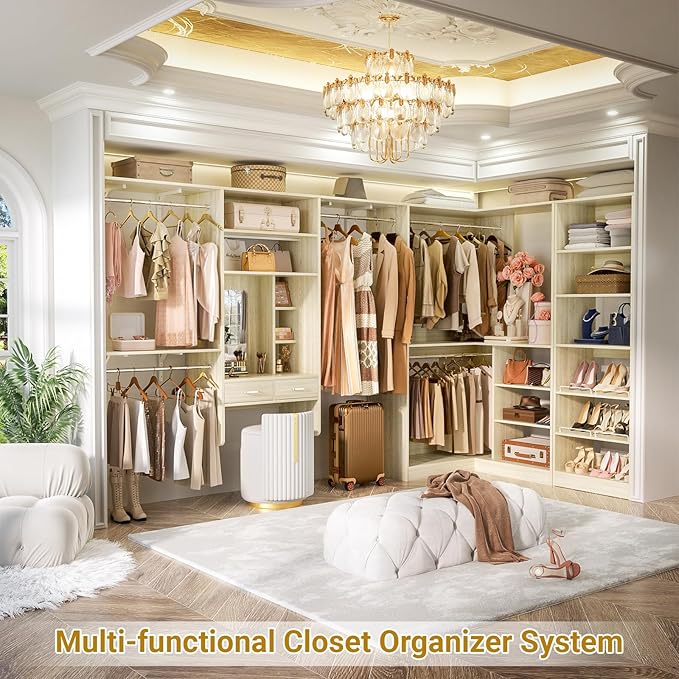 Unikito Closet System with Vanity Desk, 156”Modular Corner Closet Organizer System with Hanging Rods & Adjustable Shelves, Freestanding Wood Wardrobe Organizer, Sturdy Walk in Closet Tower, White Oak