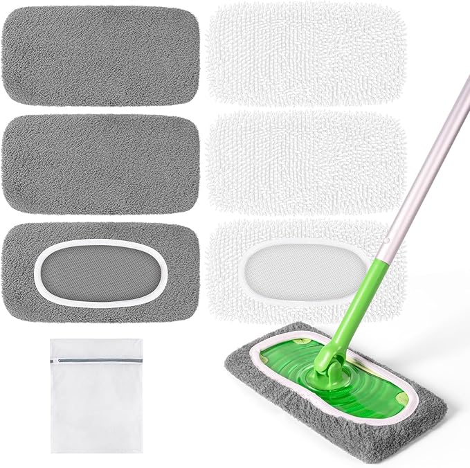 6 Pack Reusable Mop Pads Compatible with Swiffer Sweeper Mop, Washable Wet Pads Refill, Dry Sweeping Cloths, Microfiber Pads for Mopping Floors (Gray, White)