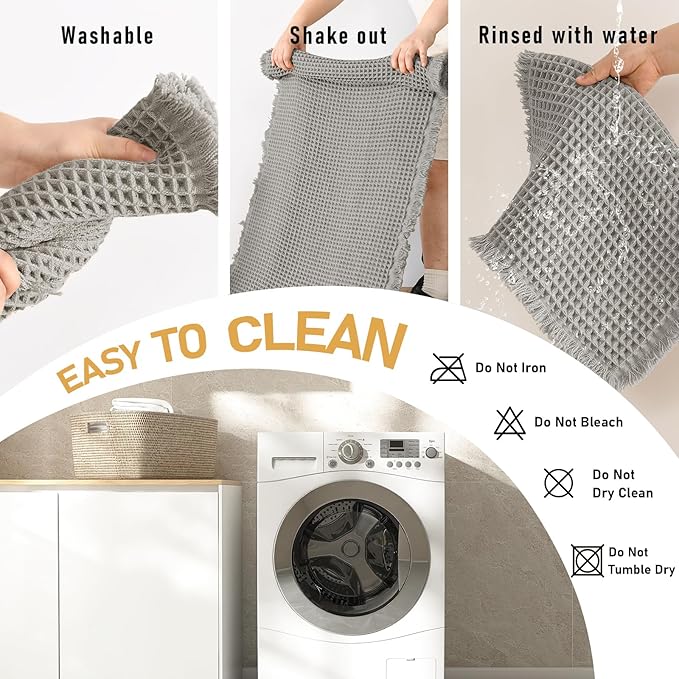 JIUZHEN Set of 2 Waffle Bath Mats Non Slip Waffle Bathroom Runner Rug Washable Boho Runner Bath Rugs Super Absorbent Shower Mat for Bathroom Kitchen Hallway Laundry, 16" x 24" +24" x 60", Grey
