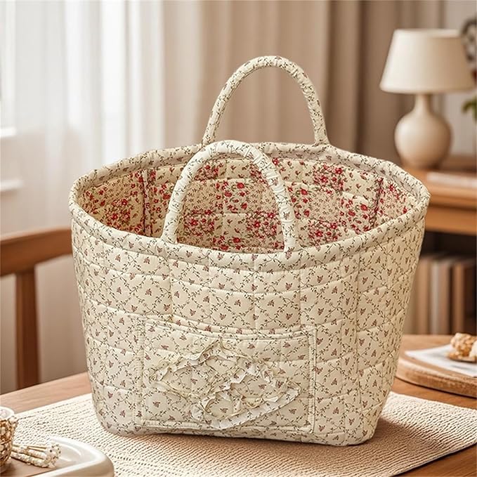 Quilted Fabric Storage Basket with Handles & Pocket, Foldable Laundry Hamper Boho Floral Print Organizer Bin for Home, Picnic, Office 12"x10"x10" (A-2)