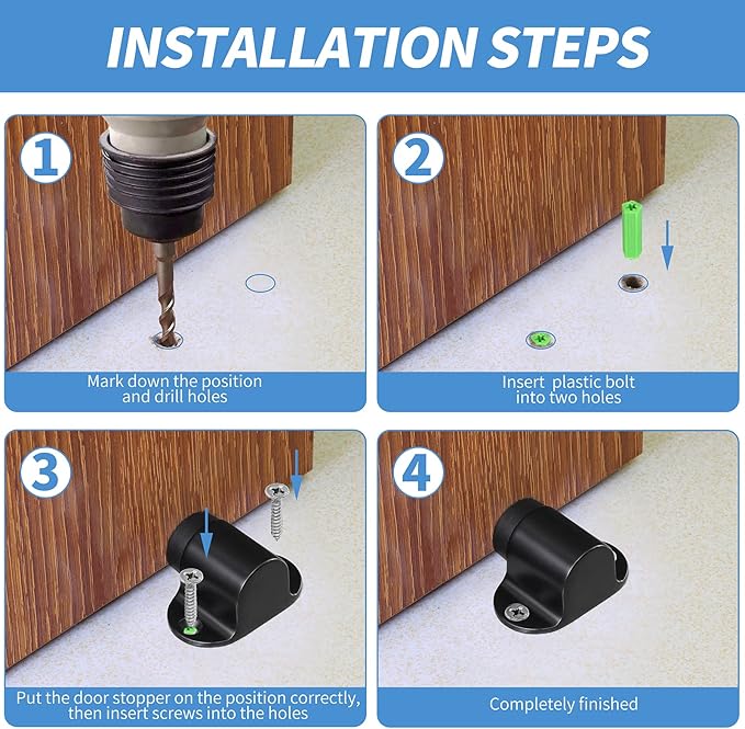 2pcs Floor Mount Door Stop, Matte Black Door Stoppers Heavy Duty Doorstop with Rubber Bumper & Stainless Steel Screws
