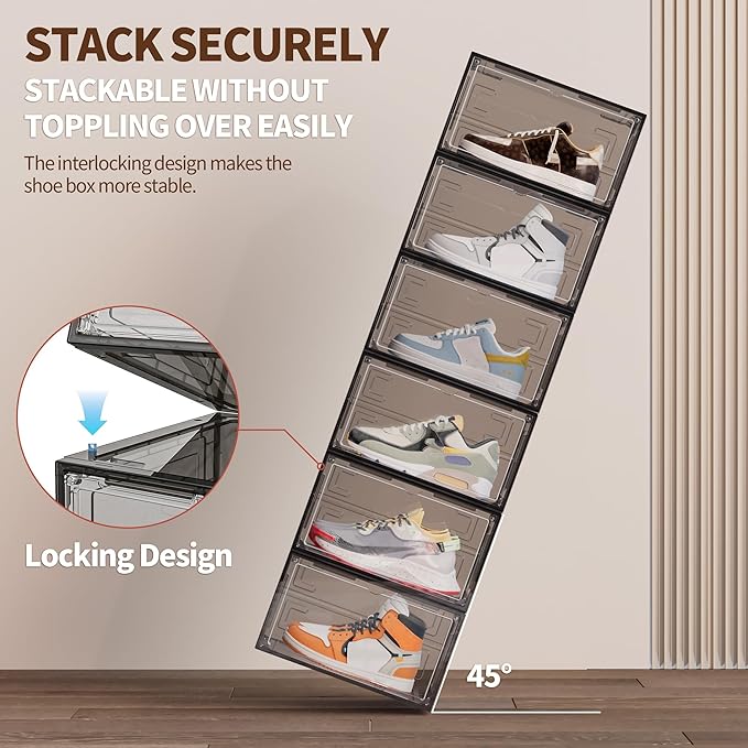 TOFWOF 8 Pack XX Large Shoe Organizer, Heavy-Duty Hard Thicken Plastic Clear Stackable Shoe Storage Box Organizer for Closet, Space-Saving Shoe Rack Display Case Bin Containers for Sneakers, Grey