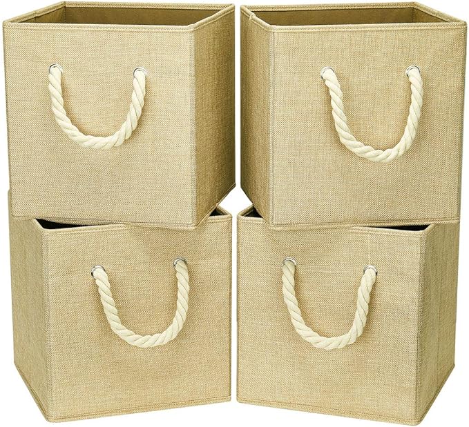 i BKGOO Foldable Storage Cube Bins Khaki Linen Fabric Collapsible Resistant Basket Box Organizer with Cotton Rope Handle for Home Office and Nursery 10.5x10.5x11 inch