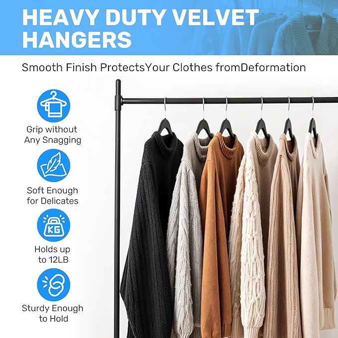 Simple Deluxe 70 Pack Velvet Hangers, Non-Slip Felt Hangers with Shoulder Notches, Space Saving Heavy Duty Clothes Hangers for Coat, Pants, Suit, Sweater, Black