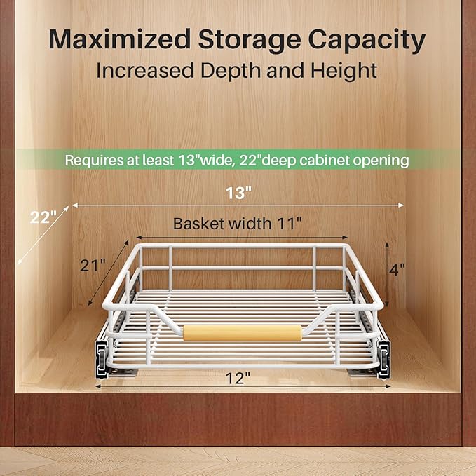 Pull out Cabinet Organizer, 12"W X 21"D, Heavy Duty Smooth Sliding Under Cabinet Shelves for Pots and Pans, Full-Extension Roll out Drawers, Slide out Organization for Home Kitchen Pantry, White