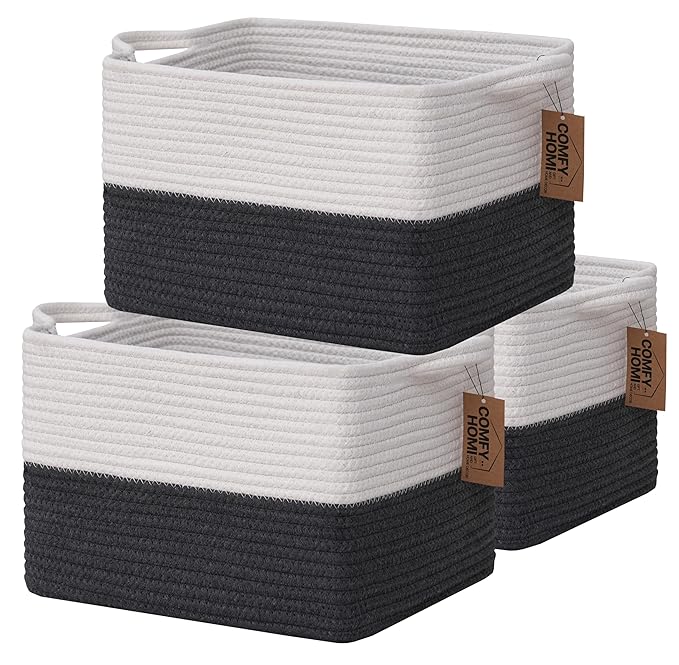 COMFY-HOMI 3PACK Cotton Rope Square Basket with Handles for Shelves| Storage|Baby Basket for Gif|Shoe basket for Organizing|New13.5" x 11" x 9.5" for Living Room（White/Dark Grey）