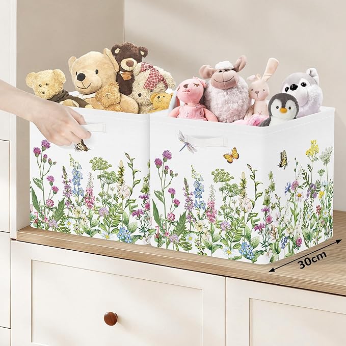Clastyle Flowers Storage Cube Organizer Set Handle Closet Clothes Cube with Metal Frame Foldable Parents Organizer Storage Basket for Book Toy,Green,11.8x11.8x11.8 in