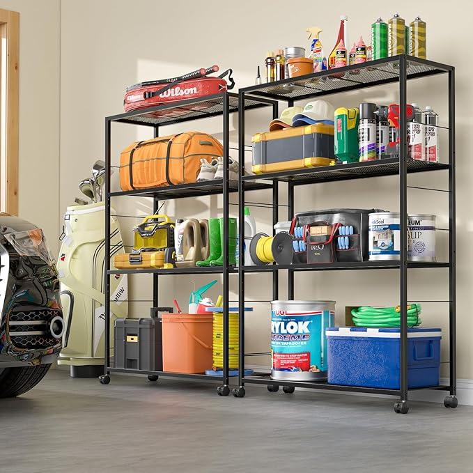 4 Tier Wire Shelving, Rolling Storage Rack with Wheels, Metal Shelving Unit with Adjustable Shelf, Black Shelves for Kitchen, Garage, Pantry & Closet Organizer 32.7" L x 11.8" D x 49.2" H