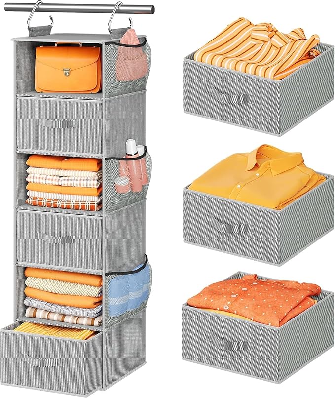 Pipishell Hanging Closet Organizer 6-Shelf, Hanging Shelves for Closet with 3 Removable Drawers & Side Pockets for Bedroom, Garment Rack and Wardrobe Organization, 12' x 12' x 43.3', Dark Gray