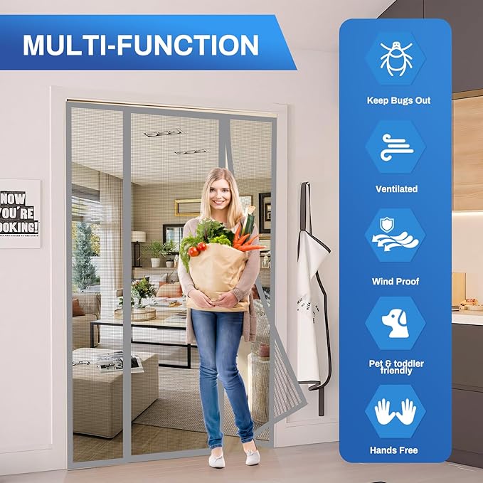 Magnetic Screen Door Upgraded PET Mesh Stronger Than Fiberglass and Polyester,Hands Free,Keeps Bugs Out,Pet & Kid Friendly,Suitable for Sliding Door,Large Patio Door and French Door-64''x80''
