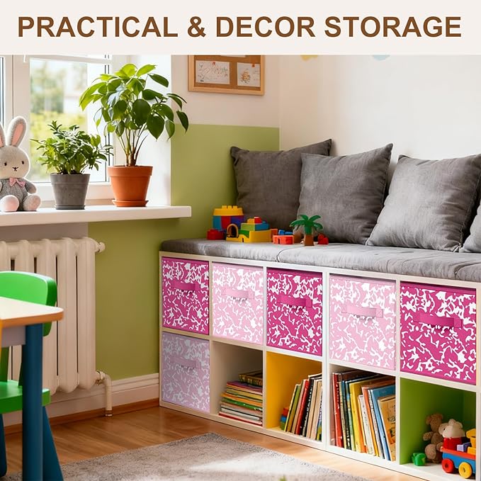 LemonRoad 6 Fabric Storage Cubes 11 Inch Foldable Marble Storage Bins for Organizing Pantry, Toy Box, Clothes Closet Collapsible Baskets for Shelves School Organizing with Handle(Pink, Classic Style)