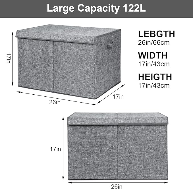122L Large Toy Chest Box with Lid, Foldable Toy Storage Organizer Bin Boxes with Removable Divider for Kids, Boys, Girls, Nursery, Playroom, 26"x17" x17"(Linen Gray)