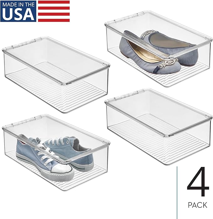 iDesign Stackable Plastic Shoe Box with Hinged-Lid for Sneakers, Sandals, and Flats, Set of 4, Clear