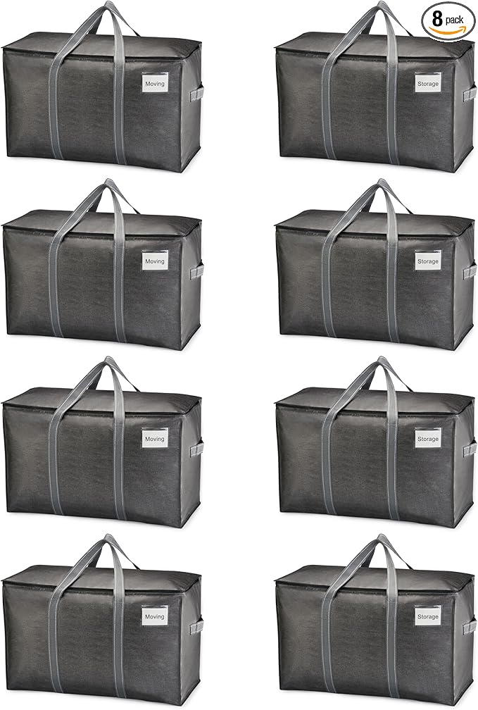 VENO 8 Pack Moving Bags and Large Christmas Storage Bins with lids. Alternative to Moving Boxes, Packing Supplies for College. Extra Large Heavy Duty Totes for Packaging (Dark Gray, 8 Pack)