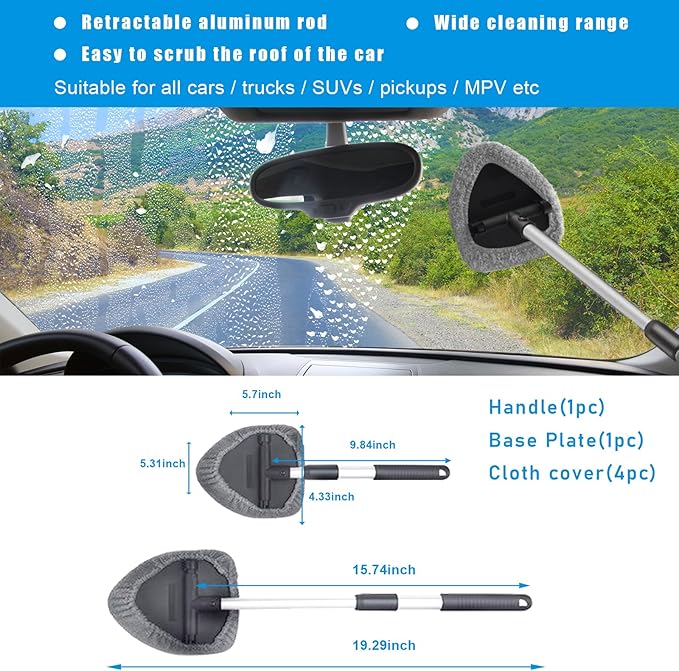 Ziciner Car Windshield Cleaner, Microfiber Auto Cleaning Wiper with Aluminum Extendable Handle and 2 Washable Reusable Cloth Pad Head, Universal Vehicle Interior Exterior Cleaner Kit (Gray-Triangle)