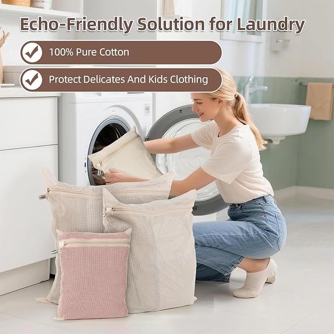 100% Cotton Mesh Laundry Bags, Premium Soft, No Dye, Set of 4, Natural