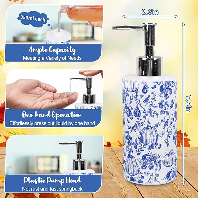 JarThenaAMCS Fall Soap Dispenser Blue Pumpkin Glass Dispenser with Pump Refillable Chinoiserie Liquid Soap Container for Autumn Harvest Thanksgiving Kitchen Bathroom Countertop