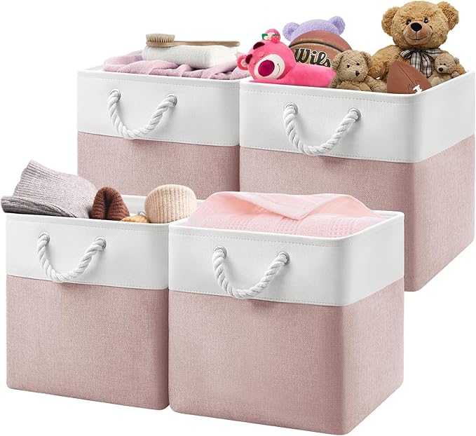 13x13x13 Cube Storage Bins,4 Pack Large Foldable Fabric Storage Cubes with Handles for Organizing Home, Closet, Shelf, Office(White&Pink)