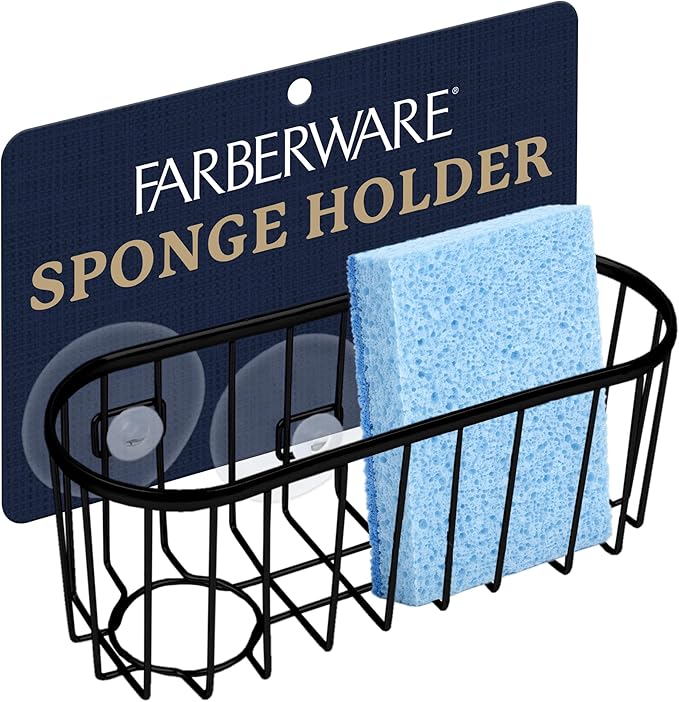 Farberware Sponge Holder for Kitchen Sink—Brushed Metal Sink Caddy Organizer with Triple Suction Cups, Kitchen Organizer for Sponges, Brushes, Soap & Cleaning Essentials