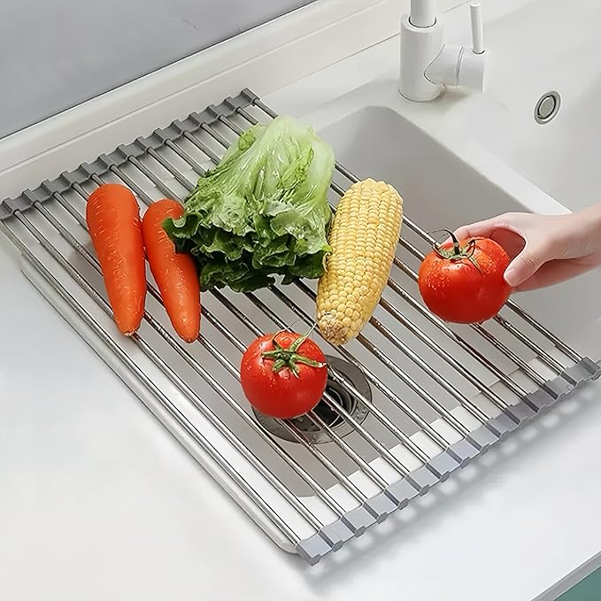Roll Up Dish Drying Rack, 17.7" x 11.8" Over The Sink Dish Drying Rack, Kitchen Dish Rack Foldable Dish Drainer, Stainless Steel Dish Drying Rack for Kitchen Sink Counter Storage (Grey)